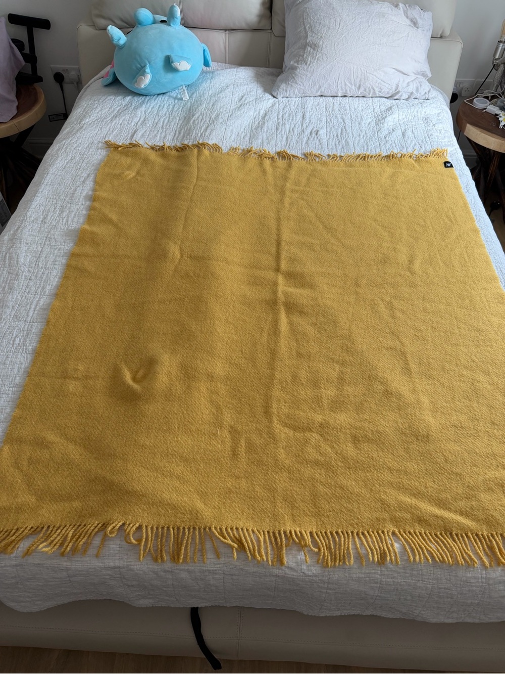Nille Mustard Yellow 100% Wool Fringed Throw Blanket